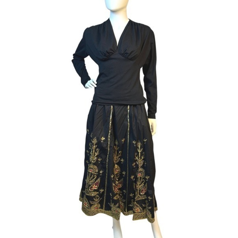 Lew Magram Black Embroidered Indian Skirt Top‎ Set Long Sleeve Party Evening KC